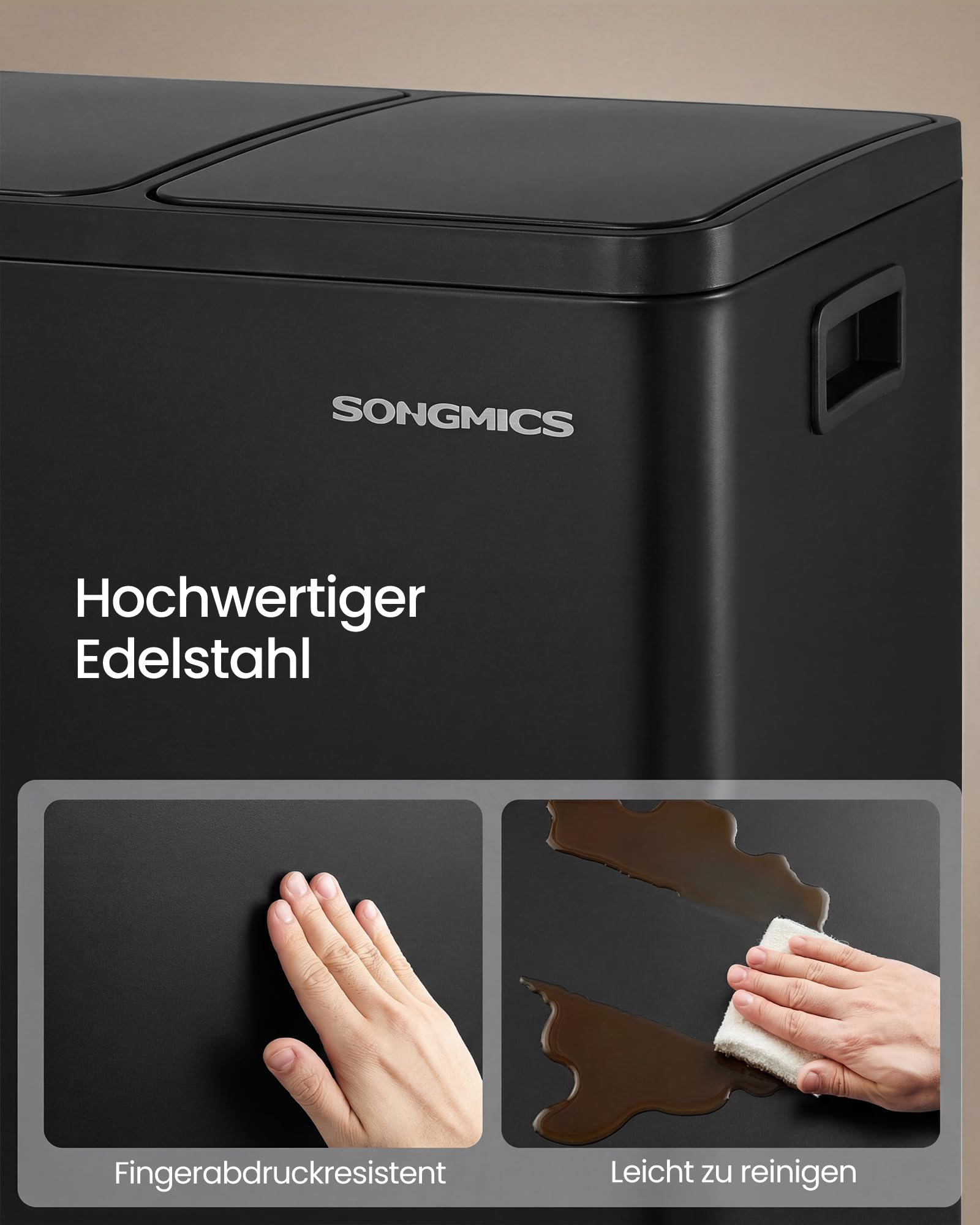SONGMICS Mülleimer Küche 2 x 15 L Mülltrennsystem Tretmülleimer Stahl schwarz