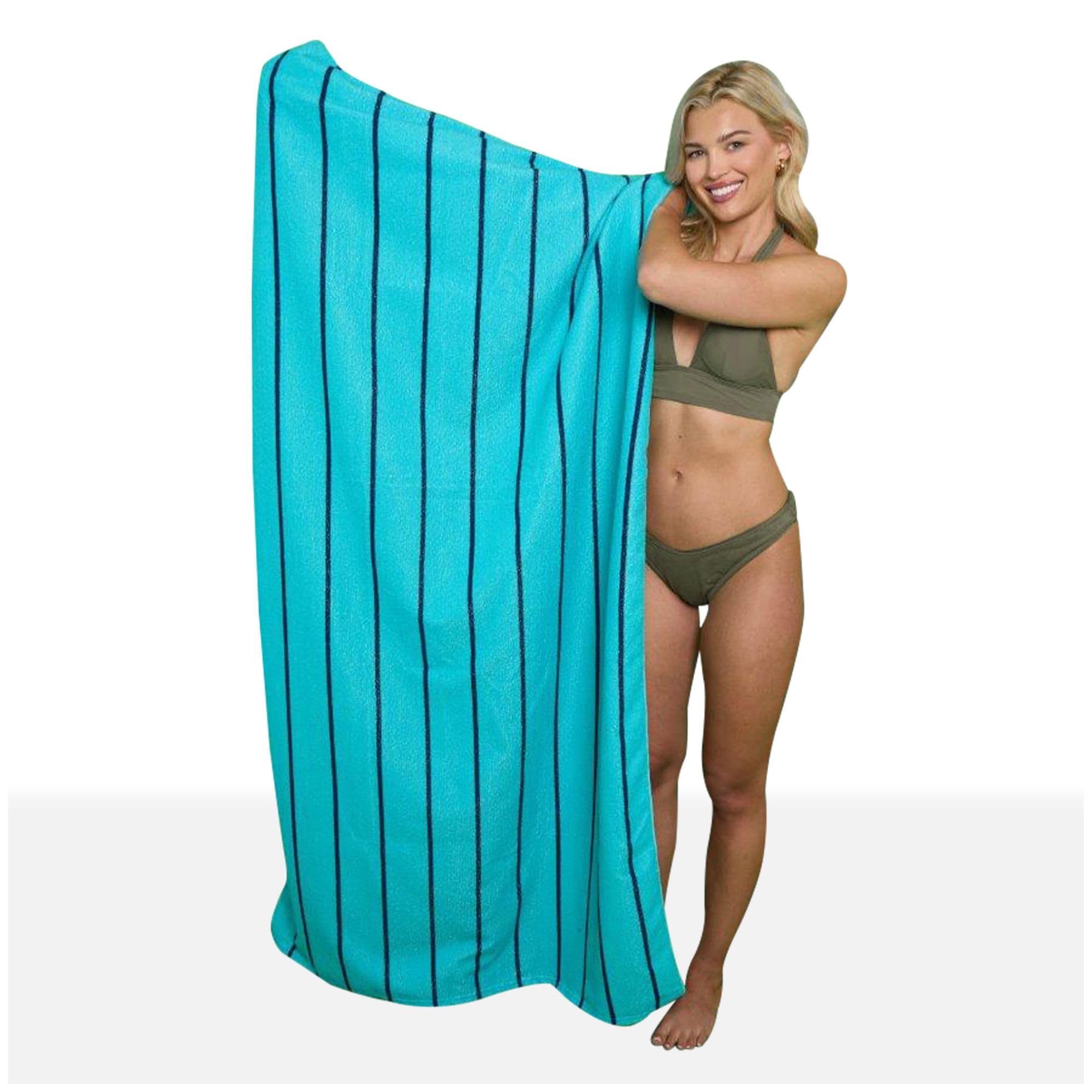 VELVETIO Luxury Sand Free Beach Towels, Extra Large Pin Stripe Towel for Adults, Lightweight Quick Dry Lining Towel Ideal for Swimming - 100 x 200cm, Aqua/Navy