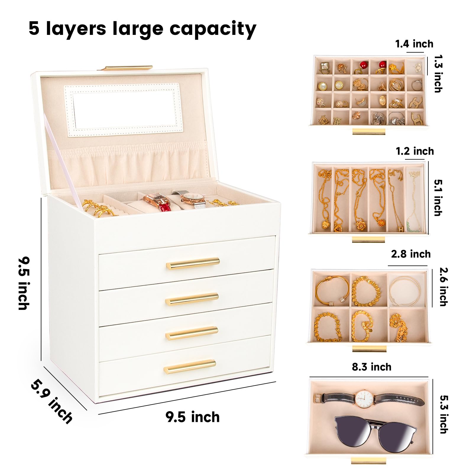 FEIYAN Pull-Out Jewelry Organizer with Mirror - Multi-Layer Compartment Storage Box for Necklaces, Bracelets, Earrings, Travel & Home Use, Holiday Gift