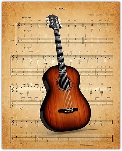 Vintage Guitar Canon Music Sheet Aesthetic Wall Art Prints for Bathroom, Home, Man Cave, Dorm, Office & Bar Wall Decor Poster - Creative Gift Idea