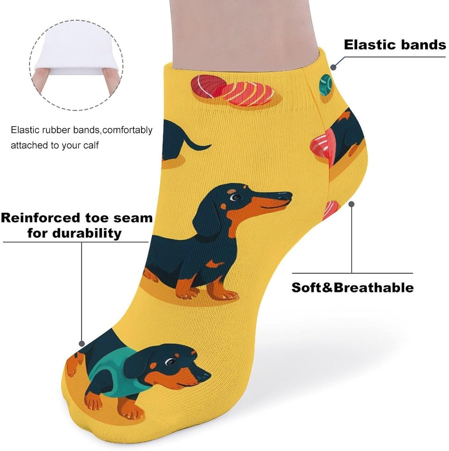 Dachshund Dogs Balls No Show Ankle Socks Low Cut Non Slip Flat Boat Line 5 Pairs Set