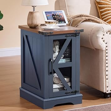 Joaxswe Narrow Night Stand with Charger Station, Farmhouse Side End Table with Glass Barn Door Storage, Wood Bedside Tables, Navy Blue Nightstand Cabinet Organizer for Small Spaces Living Room Bedroom