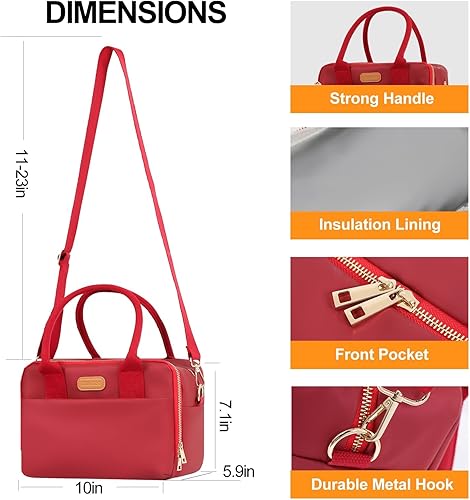 Miniatura 7 de Lonchera pequeña para mujer, elegante bolsa de almuerzo de cuero con amplia apertura, lonchera moderna, bolsa térmica con asa de transporte con