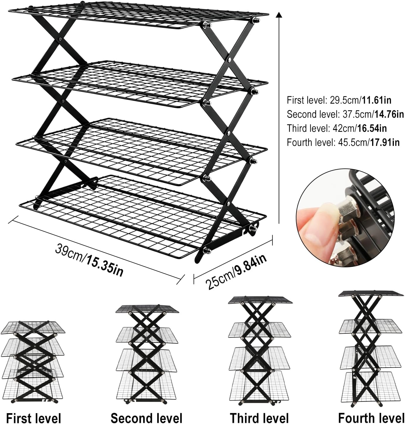 4 Tier Collapsible Cooling Racks for Baking, Adjustable Wire Cooling Rack, Stackable Roasting Cooking Drying Cooling Racks for Cookies, Bread and Picnic Party Must Haves