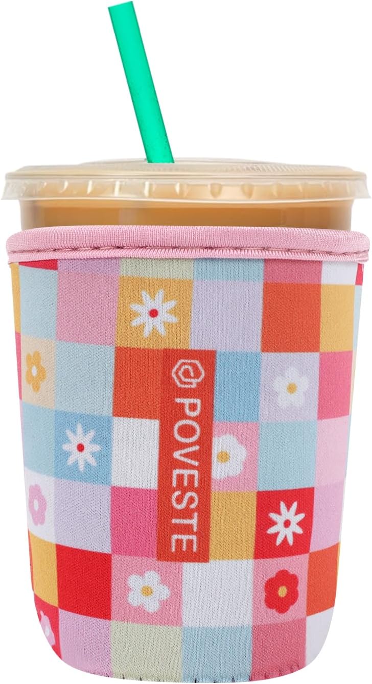 Reusable Neoprene Insulator Sleeve for Iced Coffee & Cold Soda, Coffee Sleeves for Iced & Hot Drinks, Cold Beverage Cooler Compatible with Starbucks, Dunkin (Boho Floral, Small: 16-18oz)