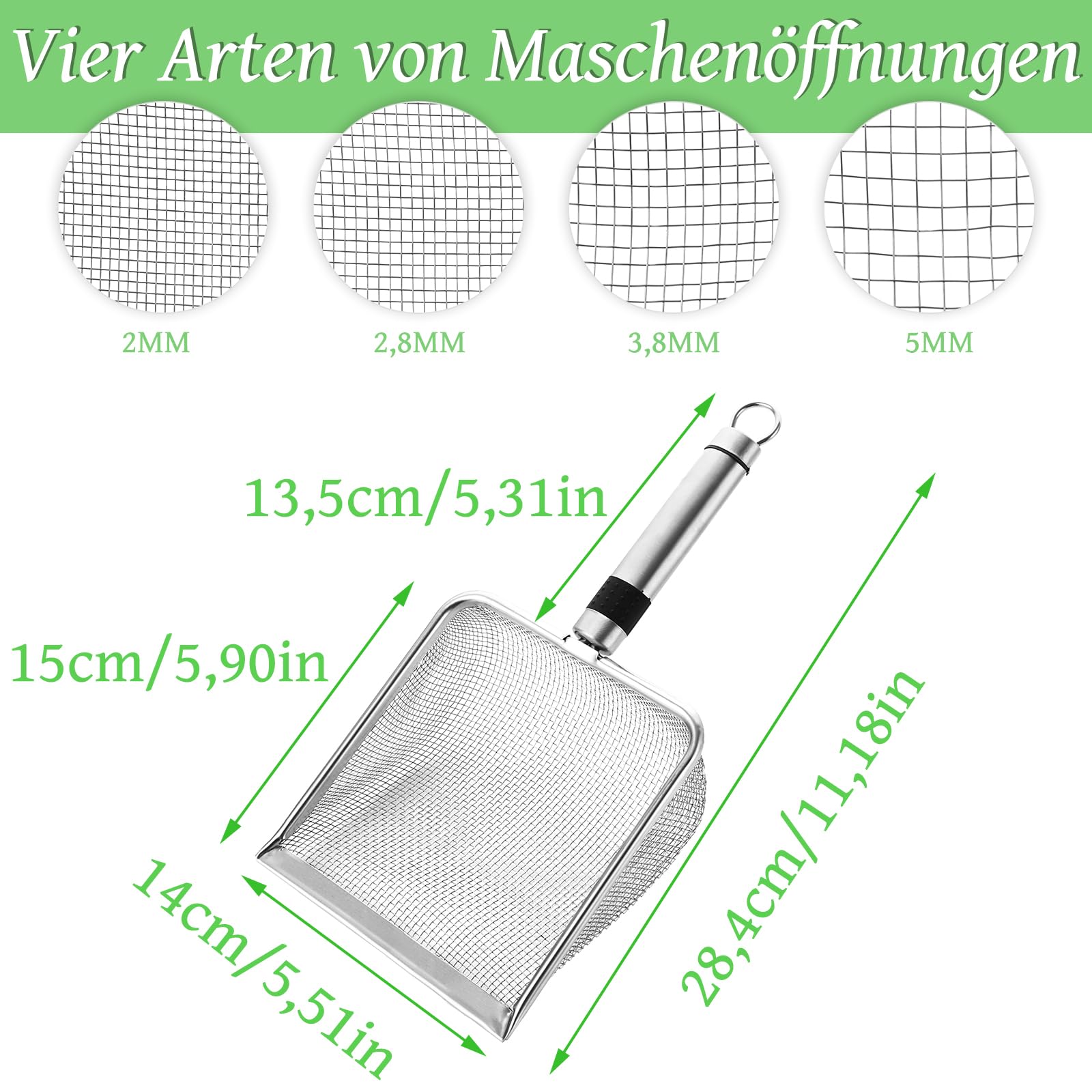 4 Stück Edelstahl-Gartensiebe, Grobsieb und Kompostsiebschaufel, Kompostsieb mit Griff, Katzentoilettenschaufel Gartensieb Erde, Steine, Katzentoiletten (2/2,8/3,8/5 mm Maschenweite)