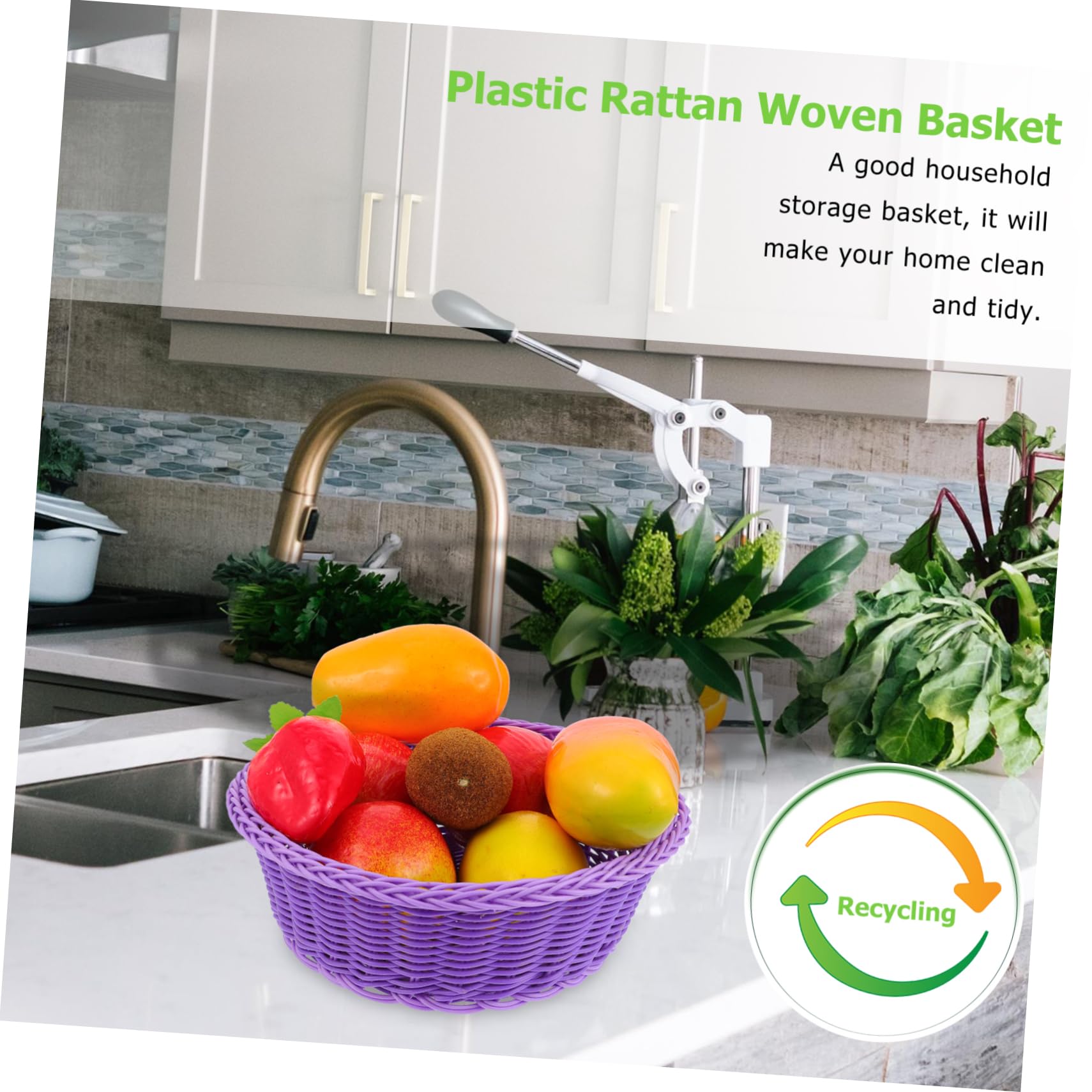VOSAREA 1Pc Imitation Rattan Woven Basket Decorative Plastic Storage Tray for Home Decor for Fruits Breads Snacks and Sundries Design Bright