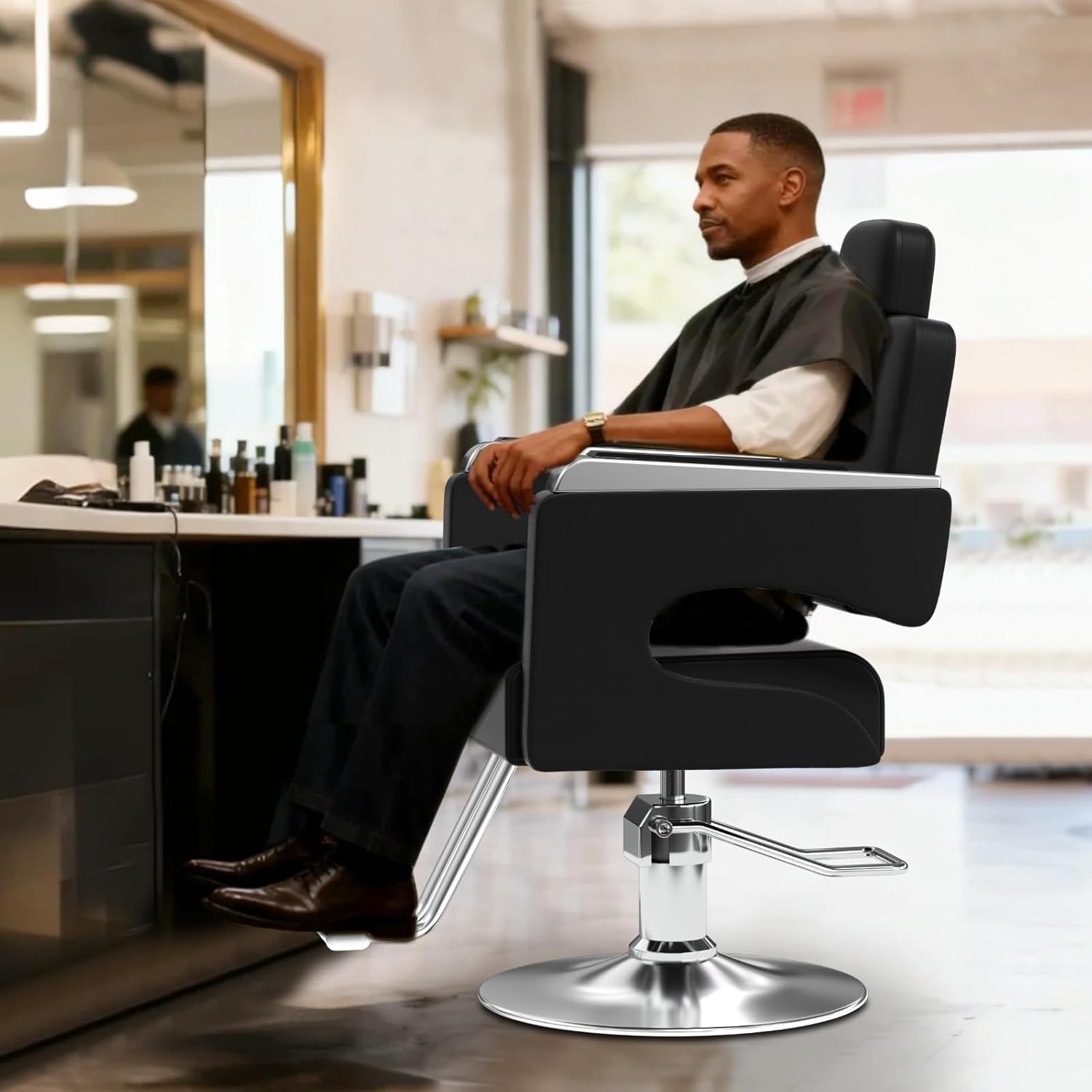 Salon Chair for Hair Stylist, Barber Chair with Heavy Duty Hydraulic Pump, Stylist Chair for Barbershop,Silla de Barberia 360 Degrees Rolling Swivel Spa Beauty Equipment for Hair Stylist, Black/Silver