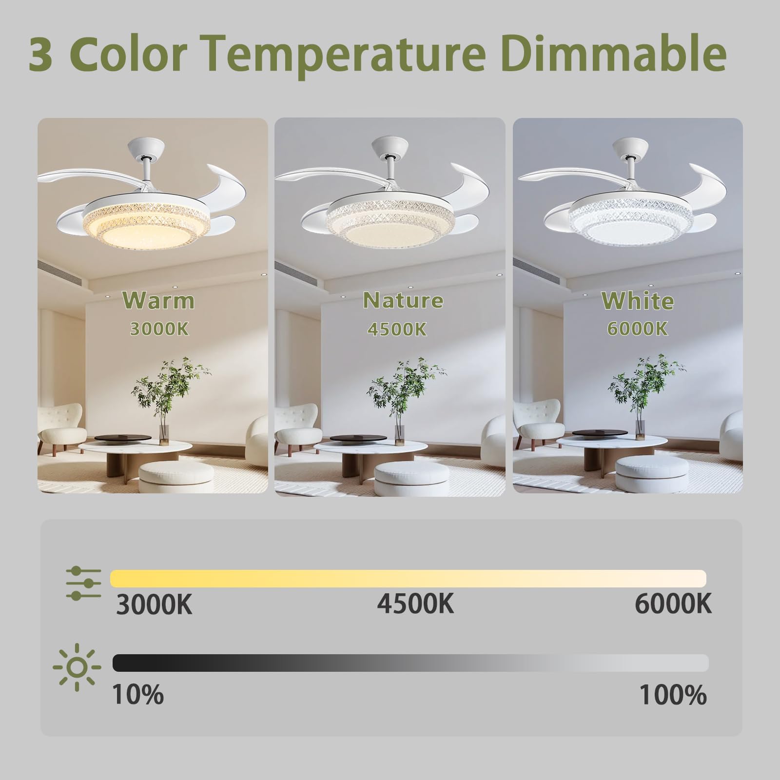 Ventilatore da soffitto con Luce, Telecomando, LED dimmerabile, 6 velocità, Moderno, Intelligente, Silenzioso, Adatto per Camera da Letto, Soggiorno, Sala da Pranzo.