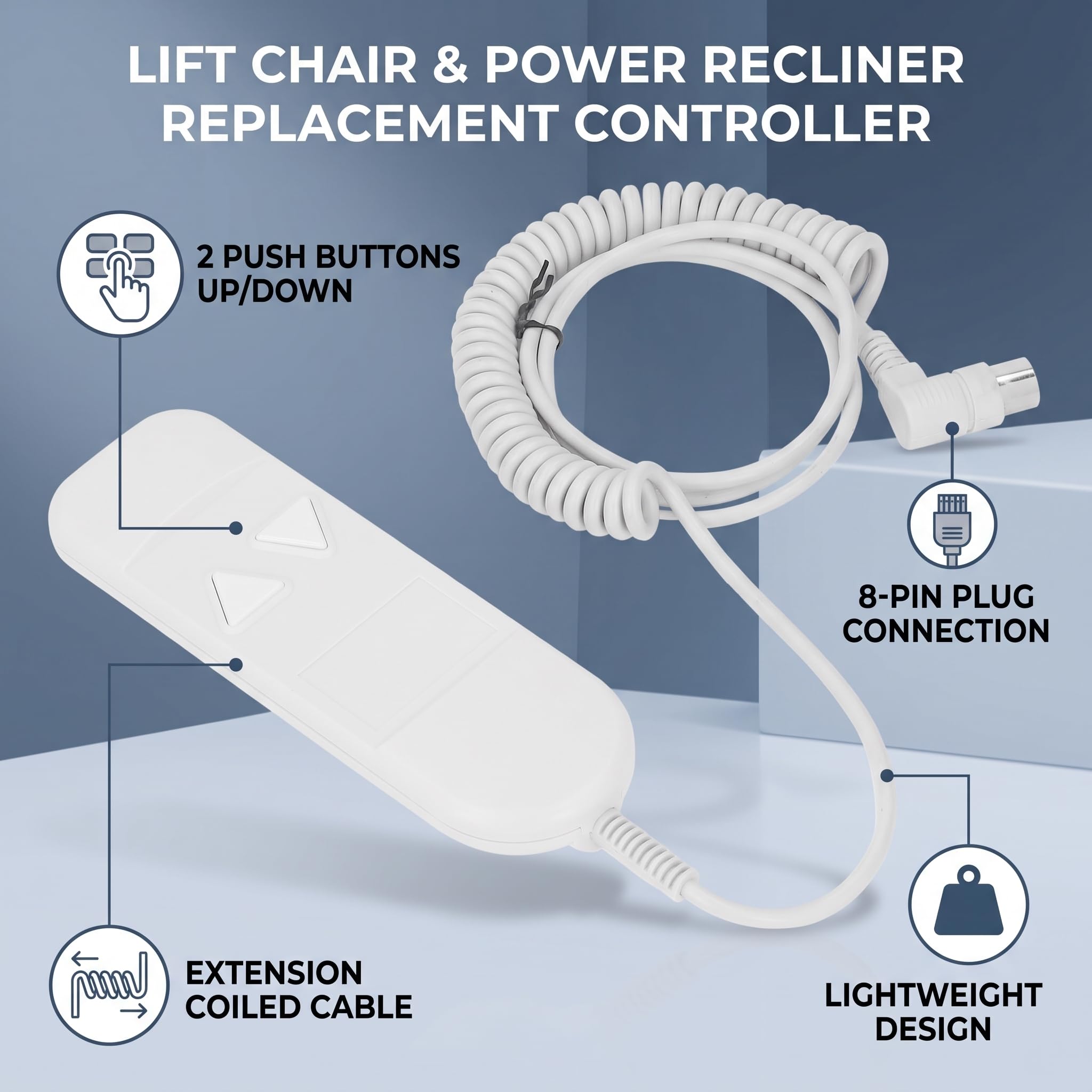 Control Remoto Sillón Elevador, Fácil Instalación Universal, Mando Sillón Reclinable Eléctrico 2 Botones 8 Pines for Ancianos Personas con Movilidad Reducida Uso en Hogar y Residencias