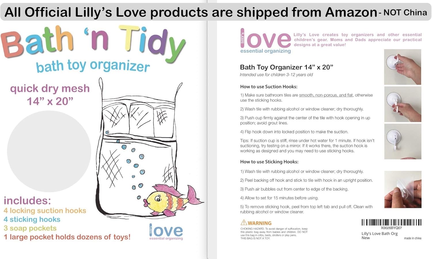 Lilly's Love Bath Toy Storage - Large 14 x 20 inch Bathtub Toy Holder   2 Locking Hooks, Quick Dry & Easy for Kids to Put Bath Toys Away