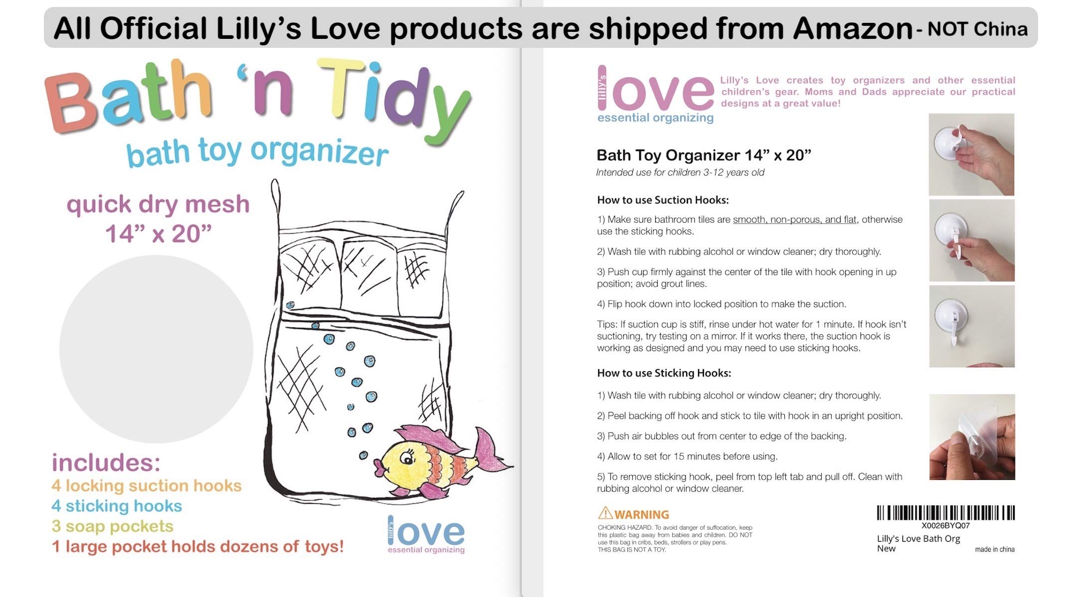 Lilly's Love Organizer na zabawki do kąpieli – duży uchwyt na zabawki 30 x 50 cm + 2 haczyki blokujące, szybkoschnące i łatwe dla dzieci do puu.