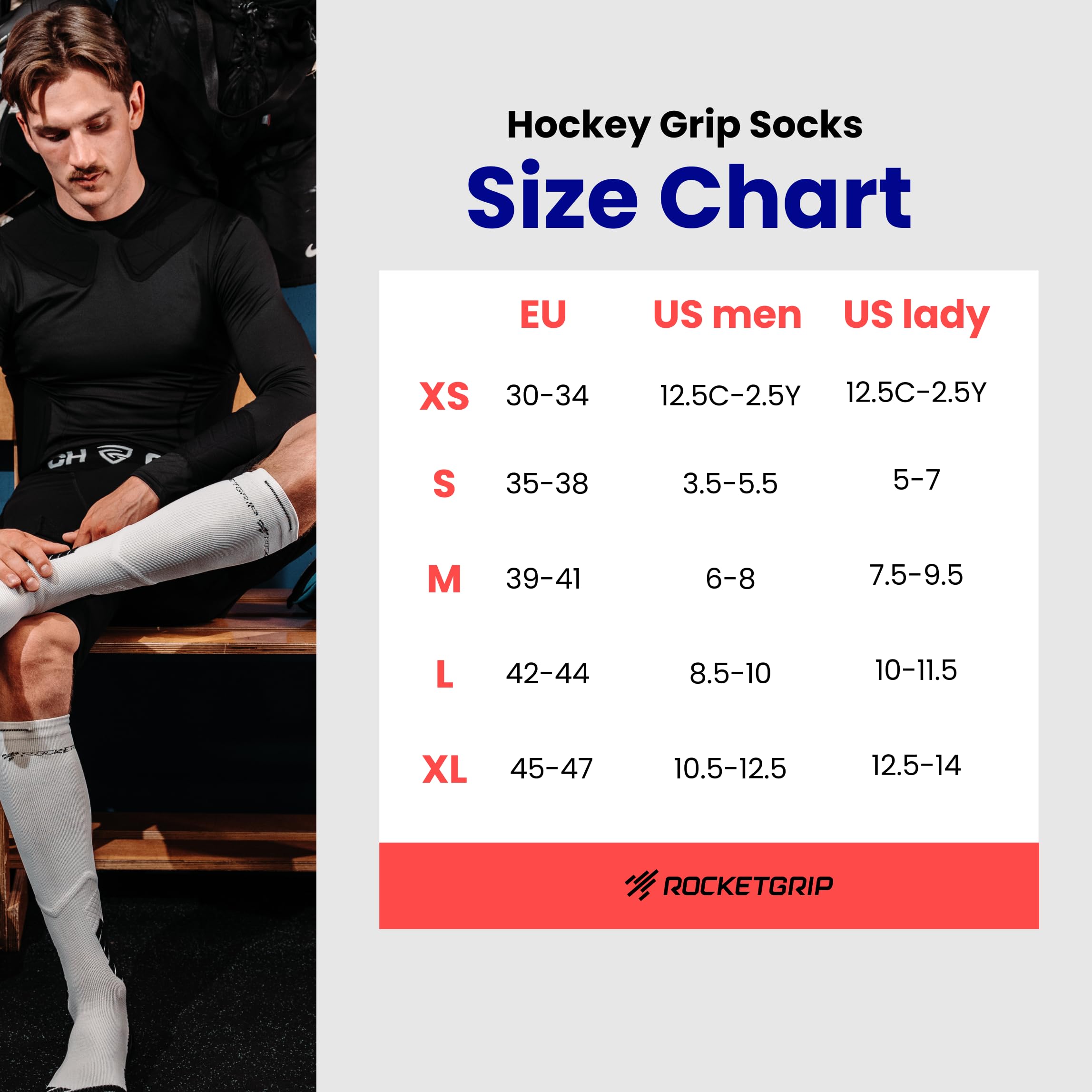 ROCKETGRIP Eishockeysocken – Rutschfeste Grip-Skate-Socken für Erwachsene & Jugend – Gepolstert, Kompressionspassform, Anti-Blasen, Feuchtigkeitsableitend – Für Hockeyspieler