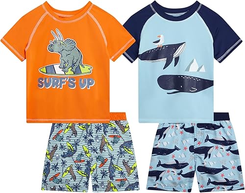 Quad Seven Conjunto de natación para niños pequeños, traje de baño de 4 piezas y camiseta de protección de manga corta para niños (tamaños 12M-7)