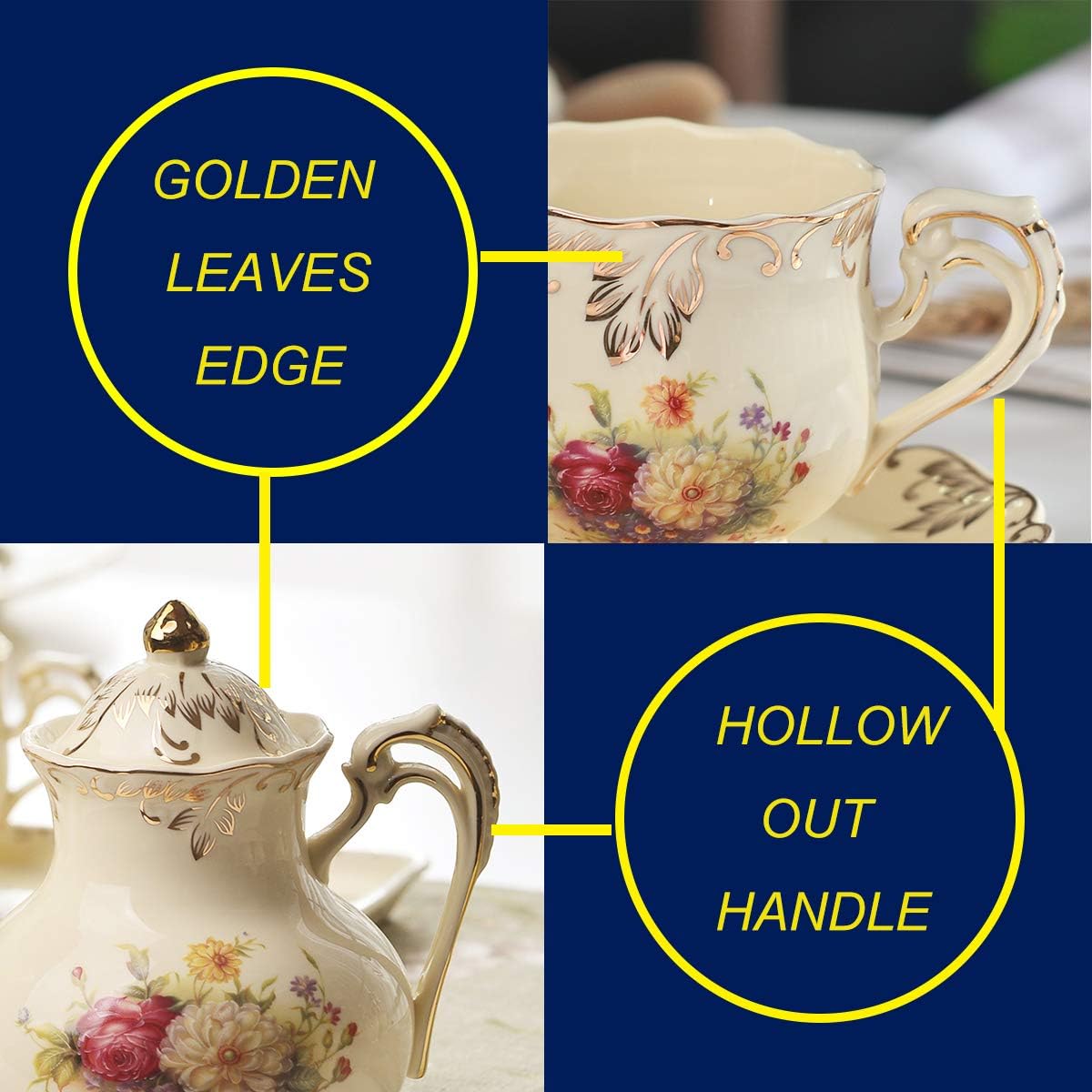 YOLIFE Porcelain Tea Set, Vintage Flowering Shrubs Teapot and Cups Set for Tea Party, Birthday Gifts for Mom Adults Women Wedding - Image 5