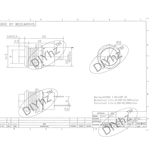 Miniatura 4 de DIYhz 20 unids SPST tipo de bloqueo interruptor de botón apagadoencendido AC 250V1.5A 125V3A tapa roja