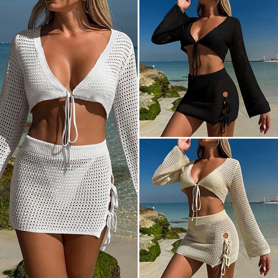 LANGWEI Set di Gonne Lavorate all'Uncinetto da Donna Top A Tubino Gonna Aderente Copricostume da Spiaggia