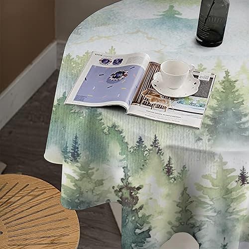 Miniatura 4 de Mantel redondo de montaña con bosque brumoso, acuarela, verde brumoso, rústico, paisaje, pájaros, naturaleza, arte, para interiores y exteriores,