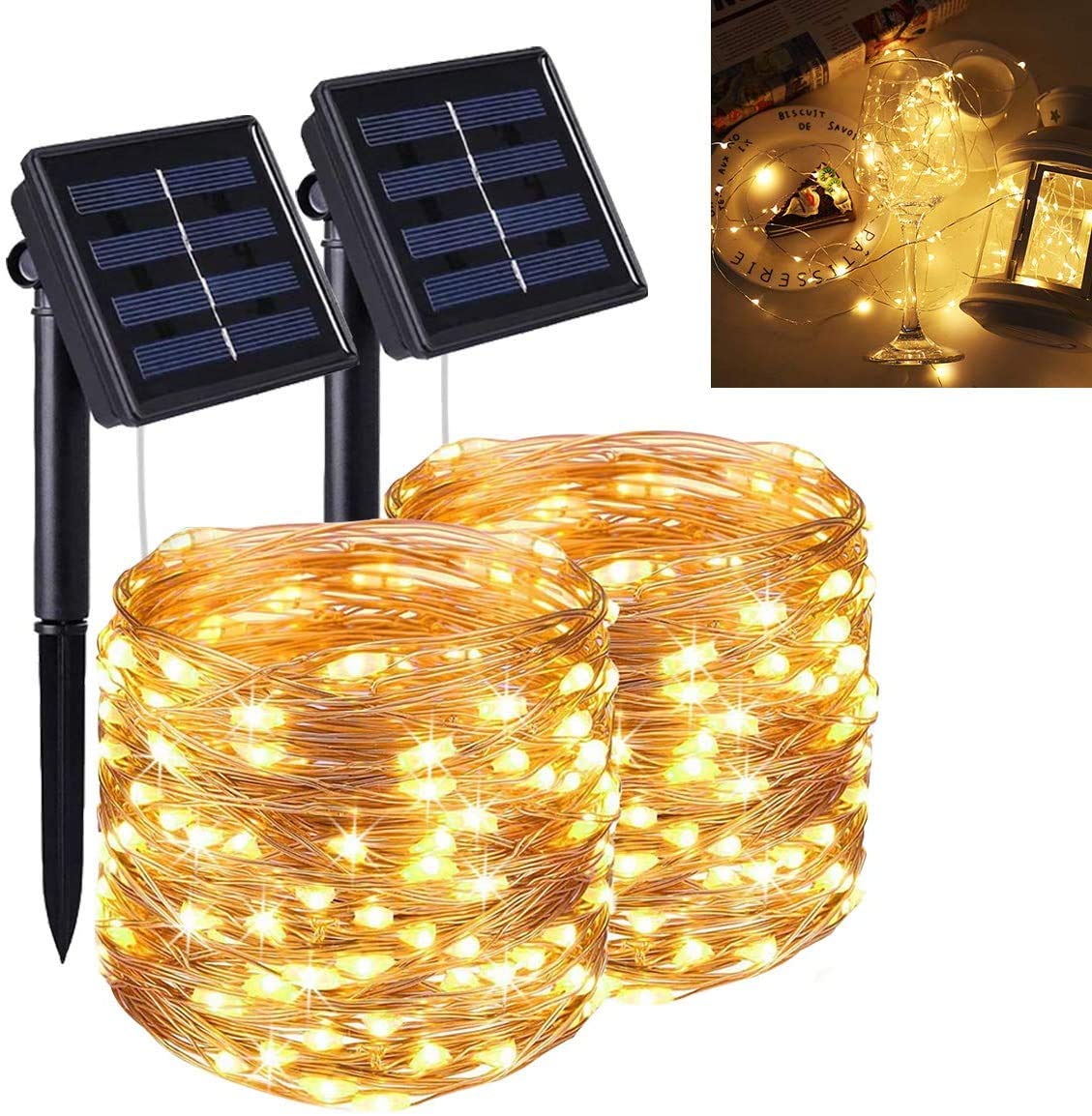 Qxmcov Guirnaldas Luces Exterior Solar, Luces Led Solares para Exteriores, 2 Pieces 14M 120 LED Guirnaldas Luces, 8 Modos, Impermeable, Luz Decoración para Fiestas, Bodas, Patio, Jardines, Festivales