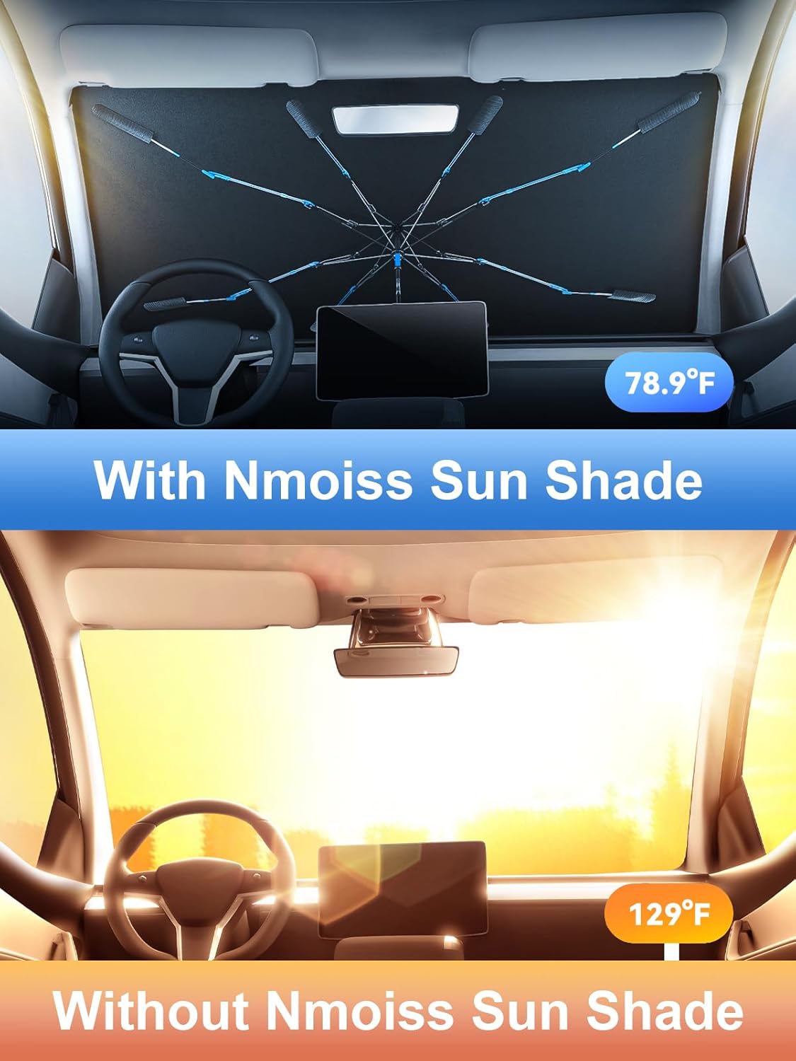 Upgraded Nmoiss Windshield Sun Shade Umbrella [Ice Rib] High Speed ​​Cooling 99% UV Blocking Protects Car from Sun and Heat Damage, Keeps Cool and Protects Interior Medium (56" L x 31" W)