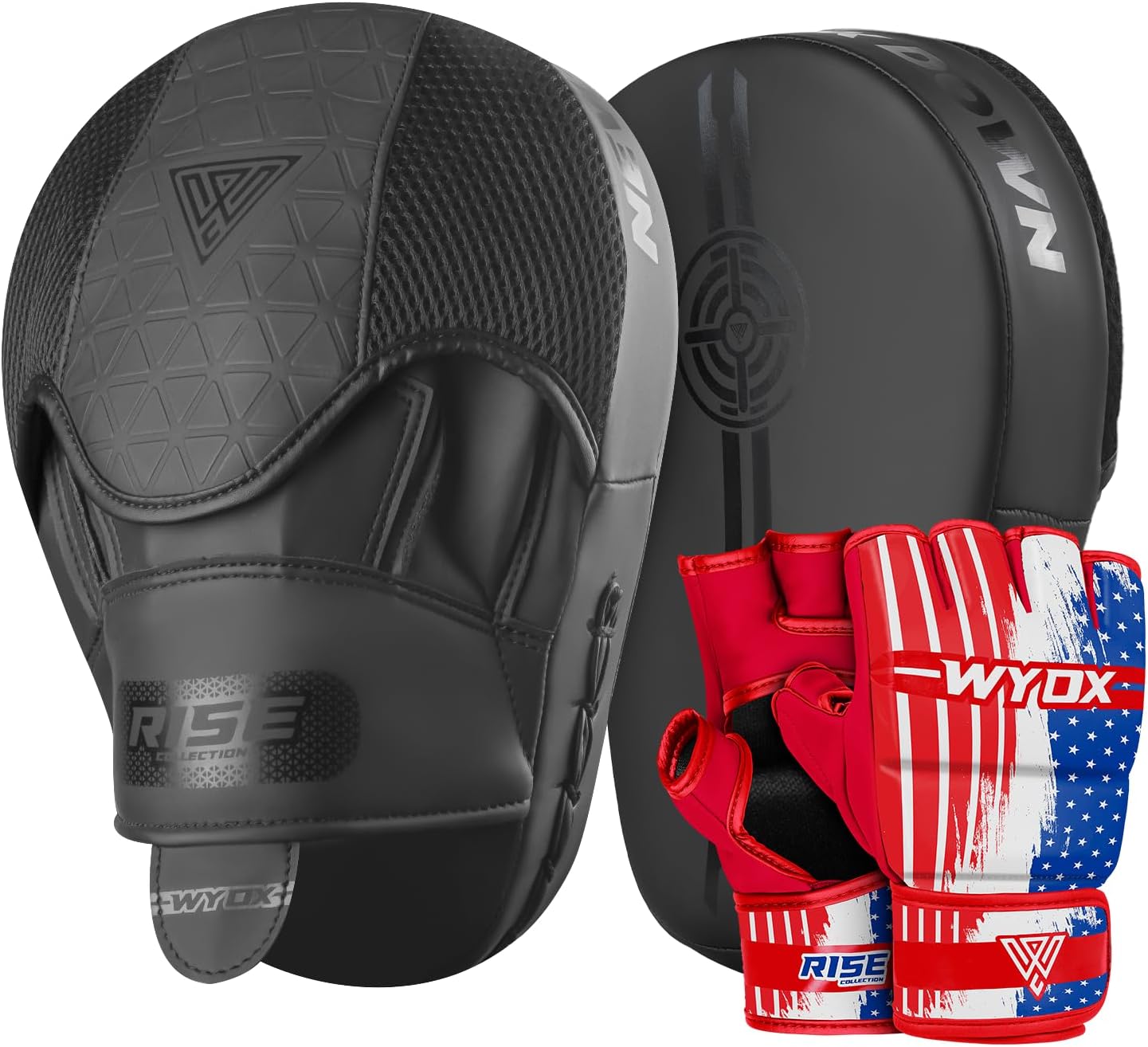 WYOX MMA Gloves & Curved Focus Pads Set – Fingerless Grappling & Sparring Gloves with Open Palm Design + Boxing Punch Mitts for Kickboxing, Muay Thai, Karate, MMA Training & Heavy Bag Workouts