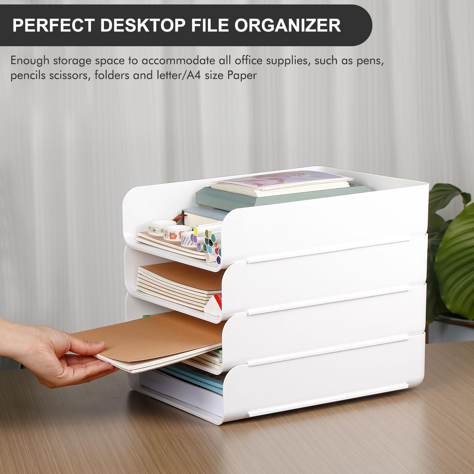 Greentainer 4-Stöckige Ablagekorb für A4, Dokumentenablage aus PET Kunststoff, Stapelbare Schreibtisch Organizer Briefkorb, Briefablage,A4-Papierablage für Zuhause,Büro,Schule(4pcs Weiß)