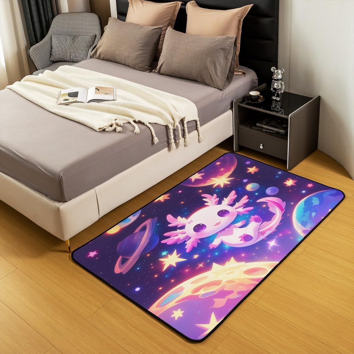 Erosebridal Purple Axolotl 3 X 5 Area Rug,Cartoon 3D Animal Living Room Rugs,Galaxy Space Planet Decorative Carpet Dreamy Glitter Starry Sky Indoor Floor Mat