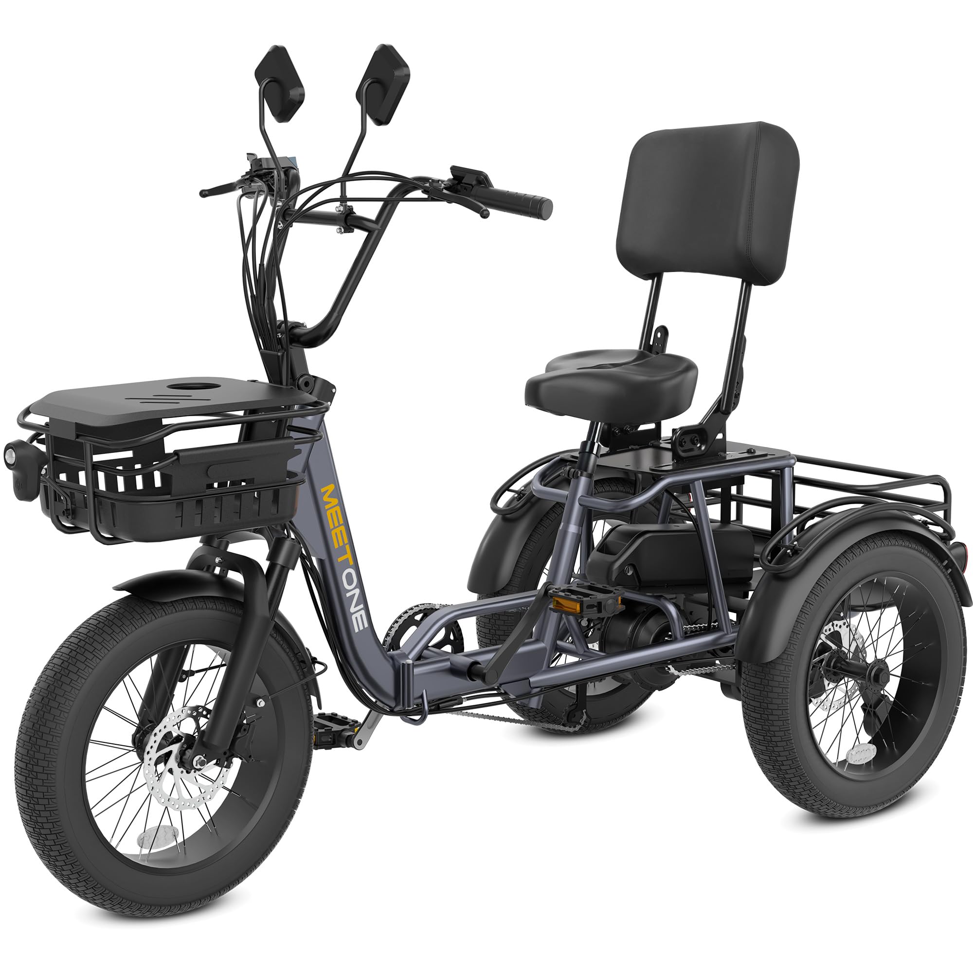 Breeze Pro Folding Electric Tricycle for Adults (with Suspension Seatpost), 22MPH 100Miles Electric Trike, Torque Sensor, Reverse Gear, Rear Differential, 450lbs Load, F&R Baskets, 4'' Wide Fat Tire