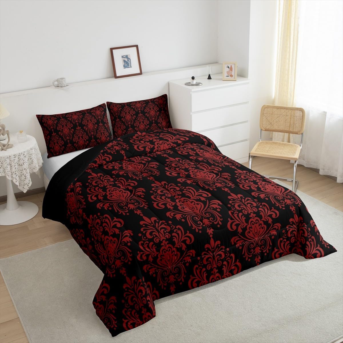 jejeloiu Toddler Size Red Damask Bedding Set Boys Girls Jacquard Vintage Floral Comforter Set for Kids Women Men Ultra Soft Bohemia Boho Exotic Victorian Baroque Duvet Quilt Room Decor Soft 2Pcs