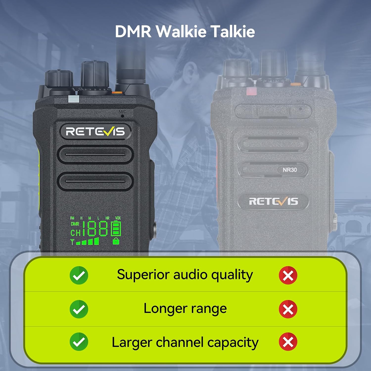 Retevis NR30D Digital 2 Way Radio High Power,Compatible with Motorola DMR Radio,Heavy Duty Two Way Radio Long Range,Digital/Analog,IP67 Waterproof,Professional DMR Walkie Talkies for Security(1 Pack)