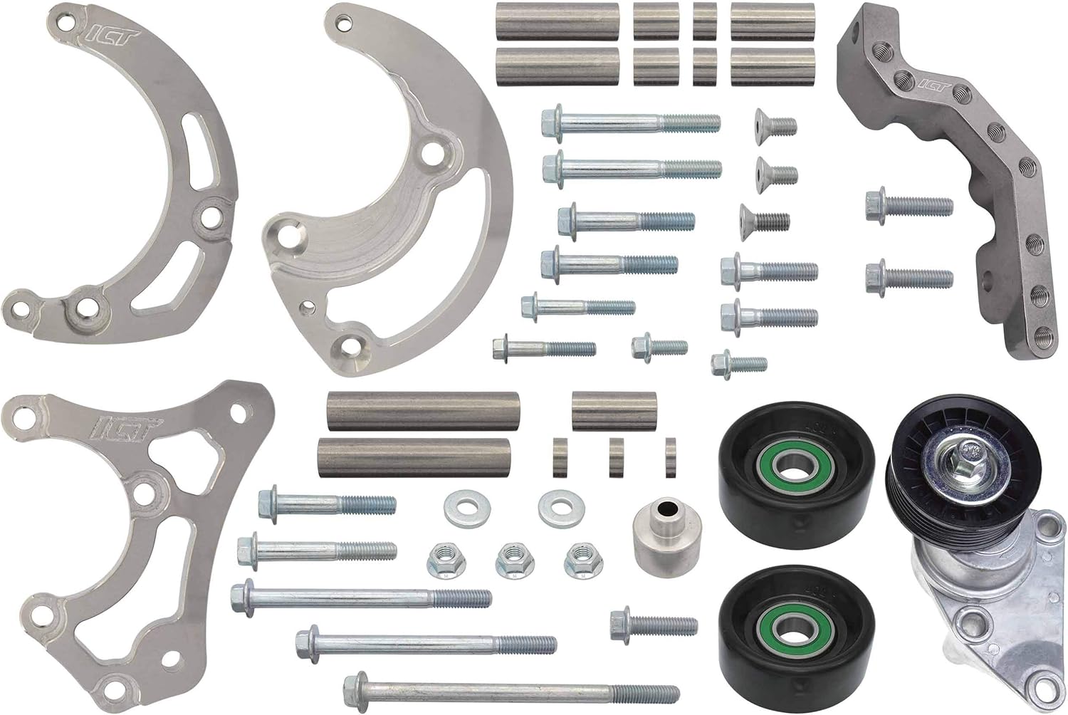 ICT Billet LS Truck Spacing Tight Fit Sanden 7176 A/C Compressor Bracket Kit Includes Automatic Tensioner for Turbo Headers AC SD7 Air Conditioning Compatible with LQ4 LQ9 L33 LR4 LSX 551137-LS71-3
