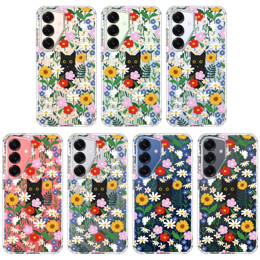 MOSNOVO Case for Samsung Galaxy S25 / Galaxy S24, [Buffertech 6.6ft Military-Grade Drop Protection] [Anti Peel Off Tech] Clear TPU Bumper Phone Case Cover Design - Black Cat in Garden - 3