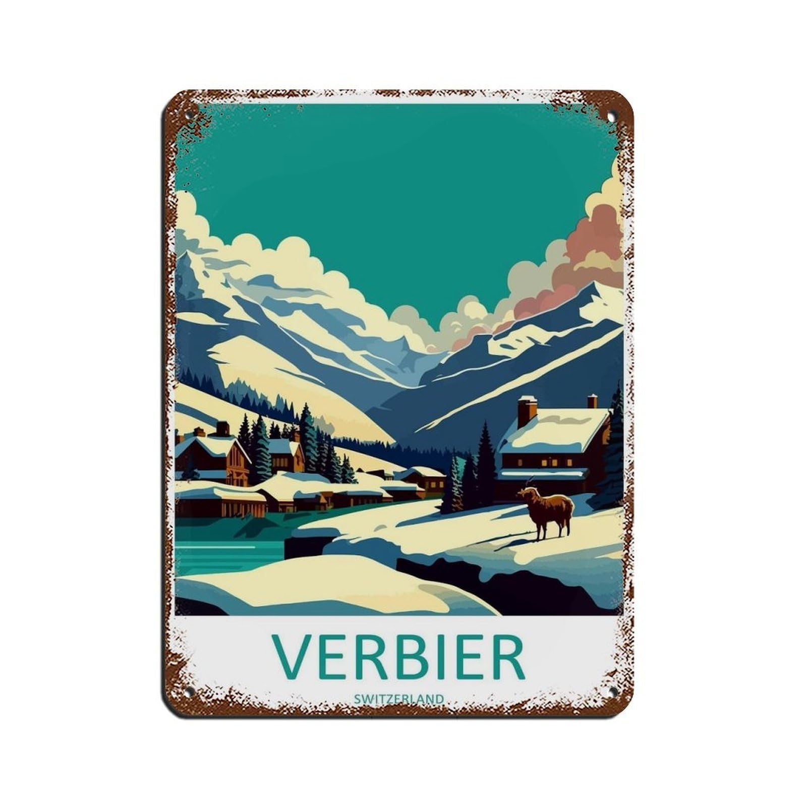 Verbier Ski Resort Ski Enthusiast Gift Retro Poster Metal Tin Sign Chic Art Retro Iron Painting Bar People Cave Cafe Family Garage Poster Wall Decoration 12x16inch(30x40cm)