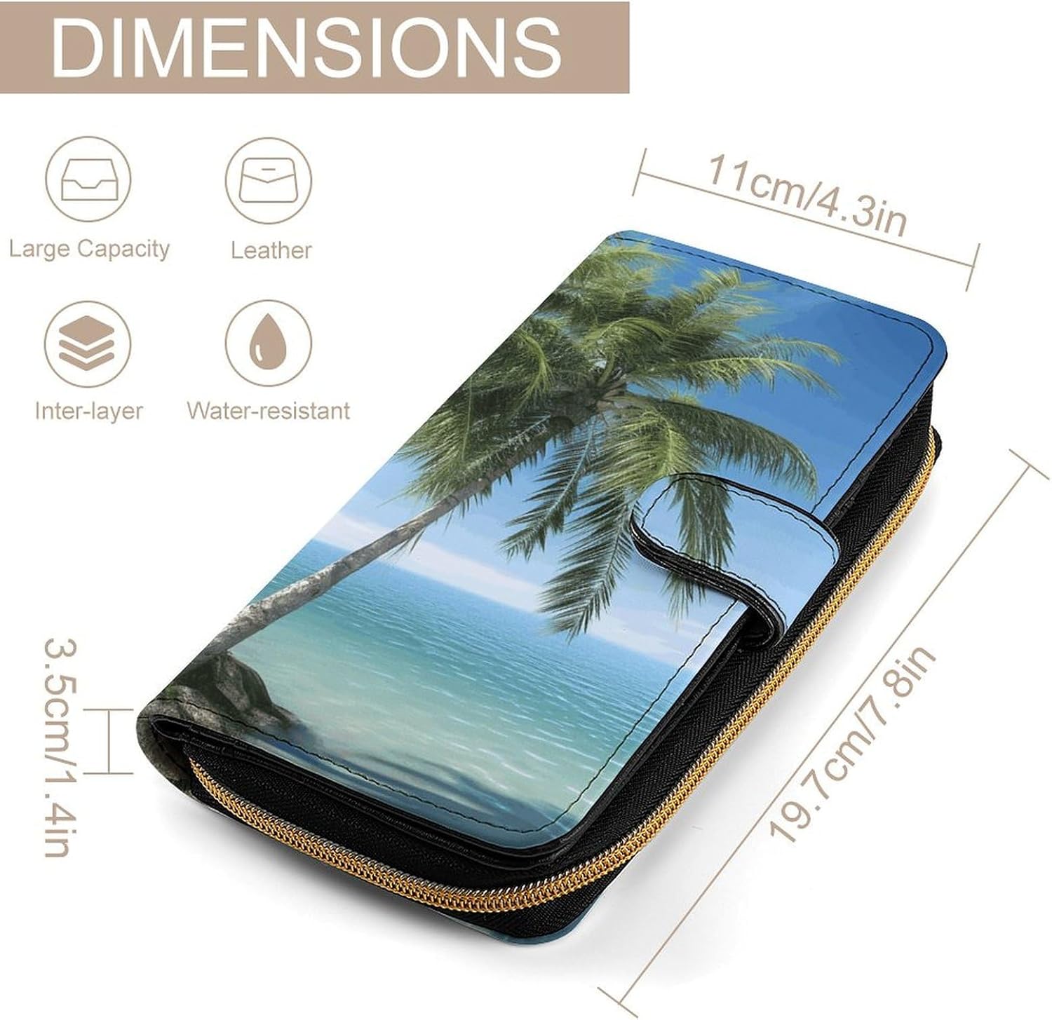 Wristlet Wallets for Women, Sea Palm Trees Printed Ladies PU Vegan Leather Clutch Wallet Zip Around Phone Purse Card Holder Organizer,Work & Daily Use