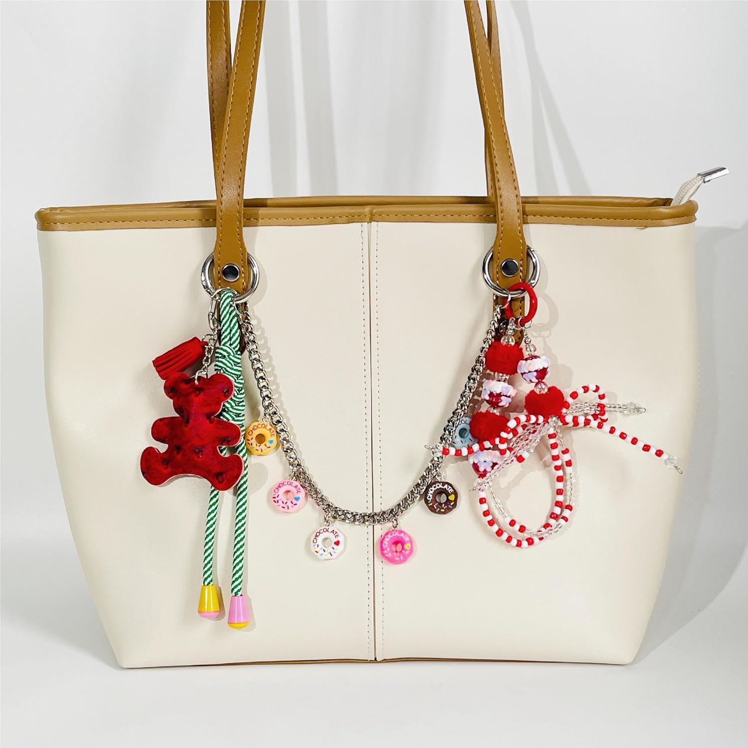 QTMY Cute Bear Doughnut Beaded Braided Keychain Bag Charms for Handbag Purse Backpack Accessories Bogg Bag,564-1 - Image 7