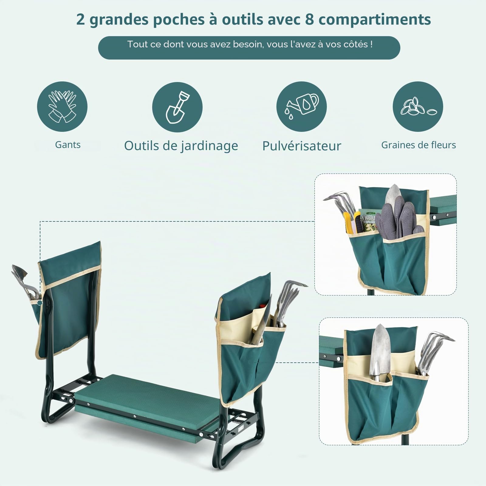 SOARS Tabouret de Jardinage 2 en 1 Pliable, Banc Agenouilloir de Jardin avec Sacs à Outils, Siège de Jardin avec Coussin Epais Mou en Mousse pour Les Genoux Eve Max. 150kg (avec 2 Sacs)