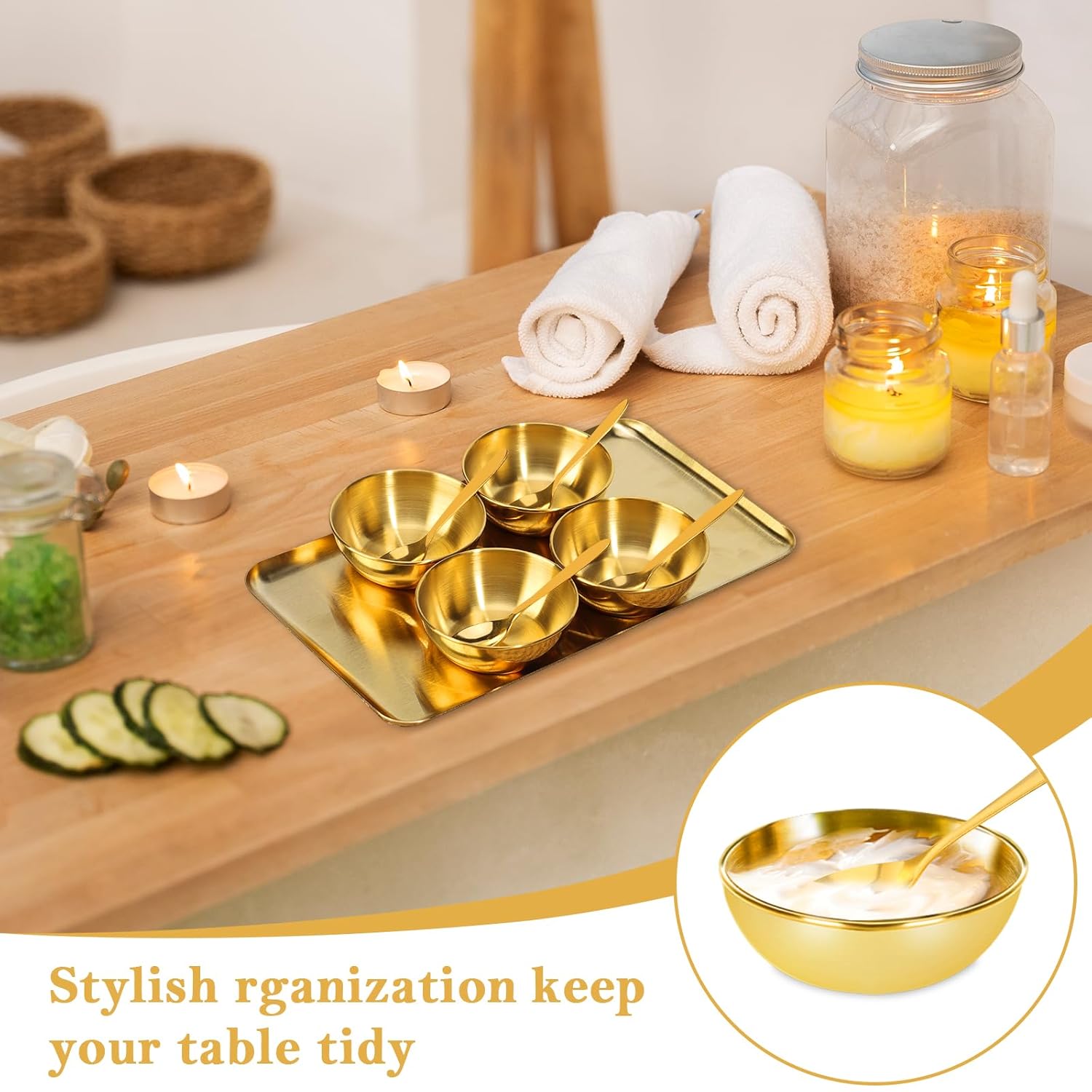 9 Pcs Gold Facial Supplies Large Gold Skincare Tray 4 Stainless Steel Facial Mask Mixing Bowls 4 Esthetician Mixing Spoons Spa Tray Esthetician Bowls for Mask Body Care Bathroom