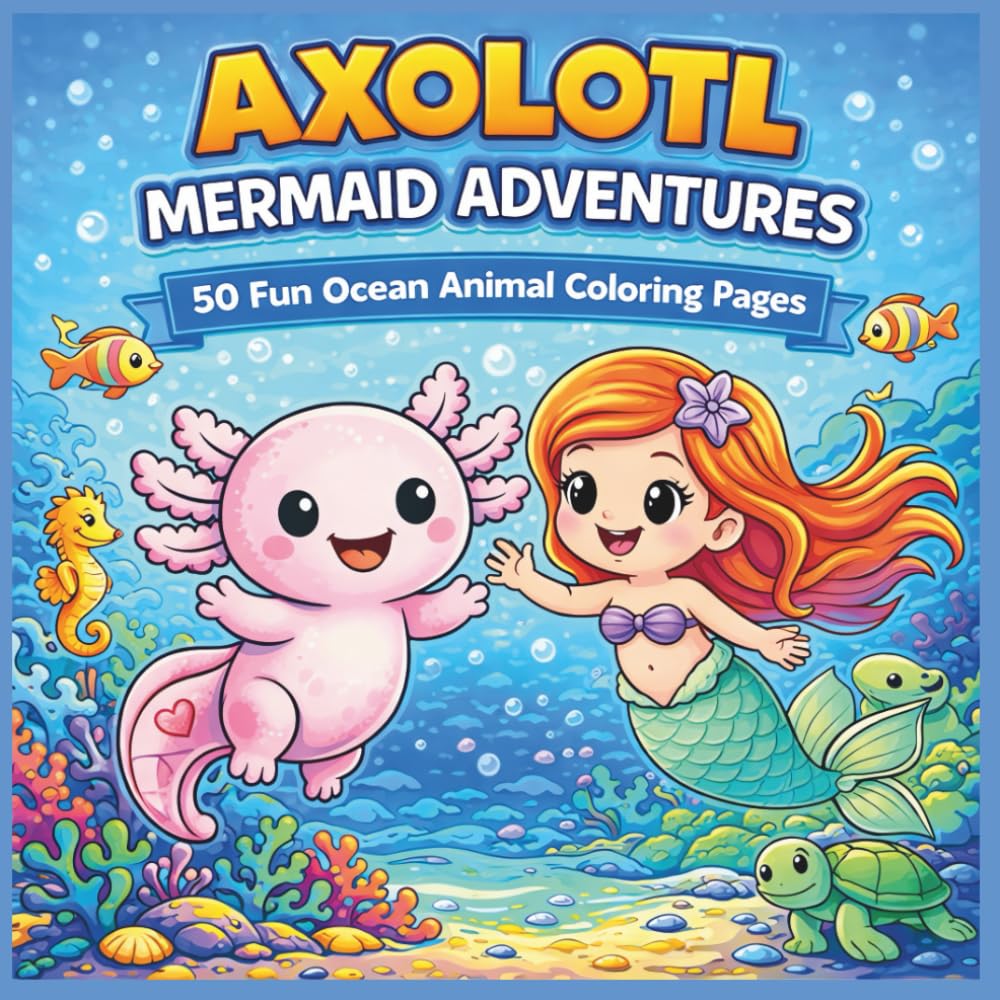 Axolotl Mermaid Adventures: Cute Ocean Coloring Book for Kids Ages 6-10 Featuring Mermaids, Axolotls, Sea Animals, and Fun Underwater Games