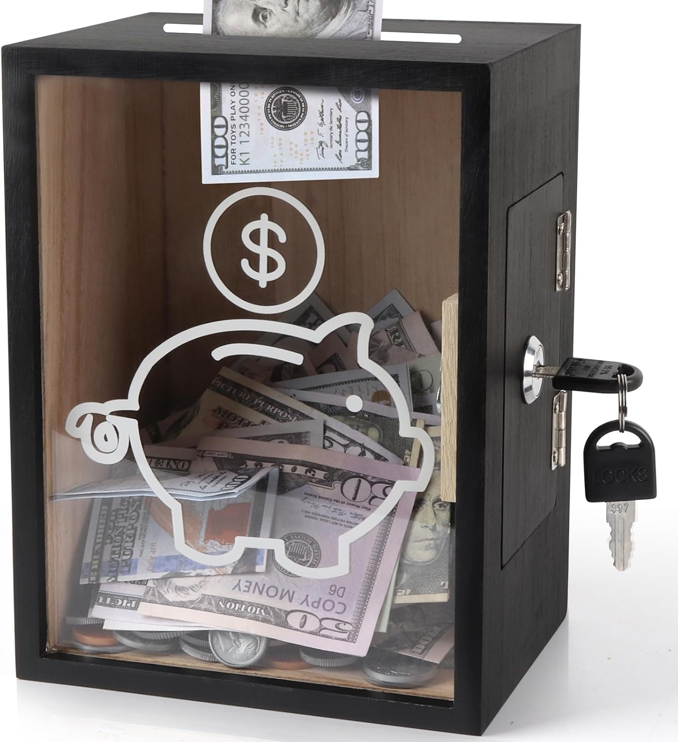 Alcancía transparente abrible hucha de madera reutilizable para almacenar monedas 2