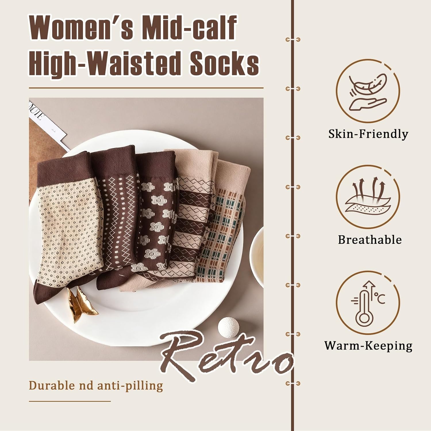 5 Pair Vintage Cotton Crew Socks for Women Pretty Aesthetic Long Preppy Ankle Socks - Image 4