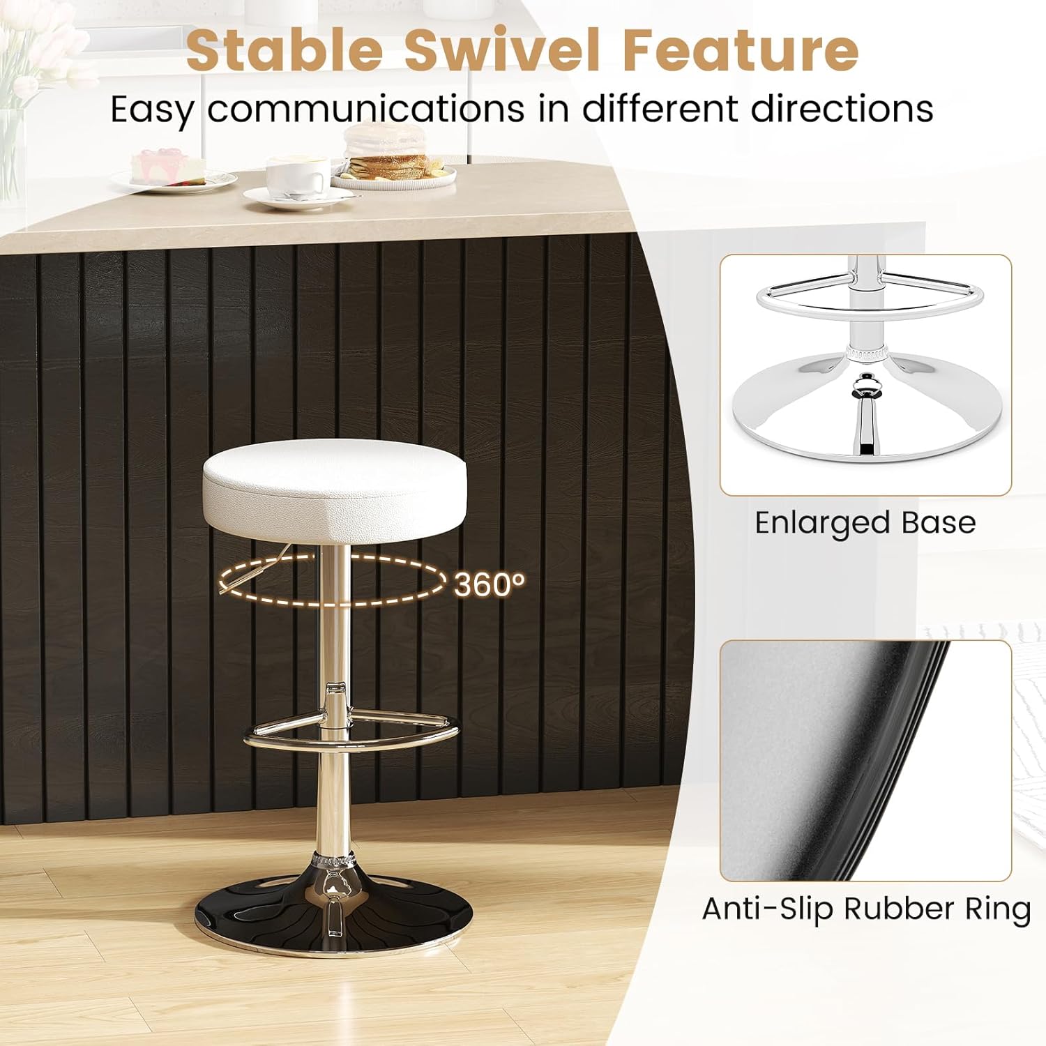 Giantex Bar Stools Set of 2, Adjustable Height PU Leather Bar Chair with Swivel Padded Seat, Footrest & Anti-Slip Base, Modern Backless Barstools for Kitchen, Pub Dining Room, Breakfast, Warm White