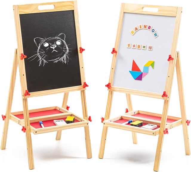 BLADO Wooden Easel for Kids, 2 in 1 Whiteboard & Blackboard for Kids, Art Easel Chalk boards for Children, Learning Drawing Board Easel for Toddlers, 54pc Magnetic Alphabets & Numbers Included (89 CM)