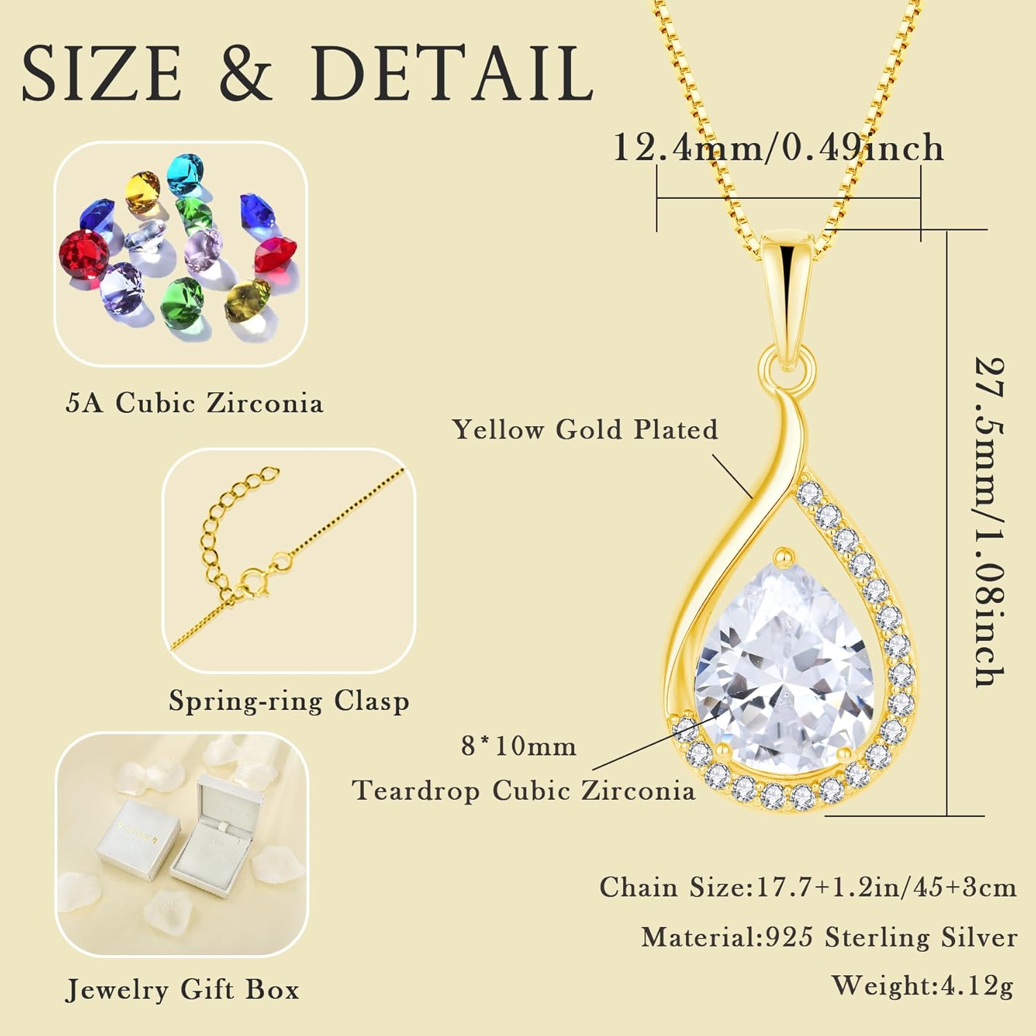 Teardrop Birthstone Necklace for Women 925 Sterling Silver White/Yellow Gold Plated Cubic Zirconia Pendant Necklace Jewelry for Her - Image 6