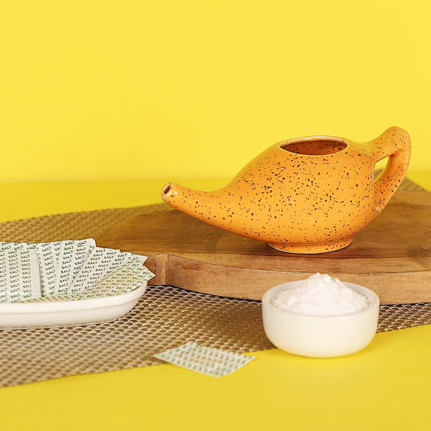 HealthGoodsIn Premium Handcrafted Durable Ceramic Neti Pot with 2 Silicone Nozzle Tip, Salt for Sinus - Dishwasher Safe 225 Ml., Freckle Pattern - (Orange)