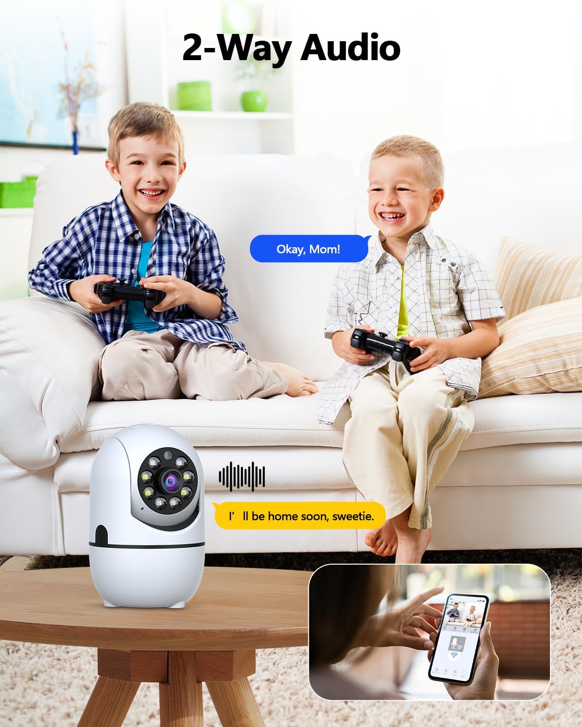 WEILAILIFE 2K Indoor WiFi Security Camera demonstrating two-way audio with children on a couch