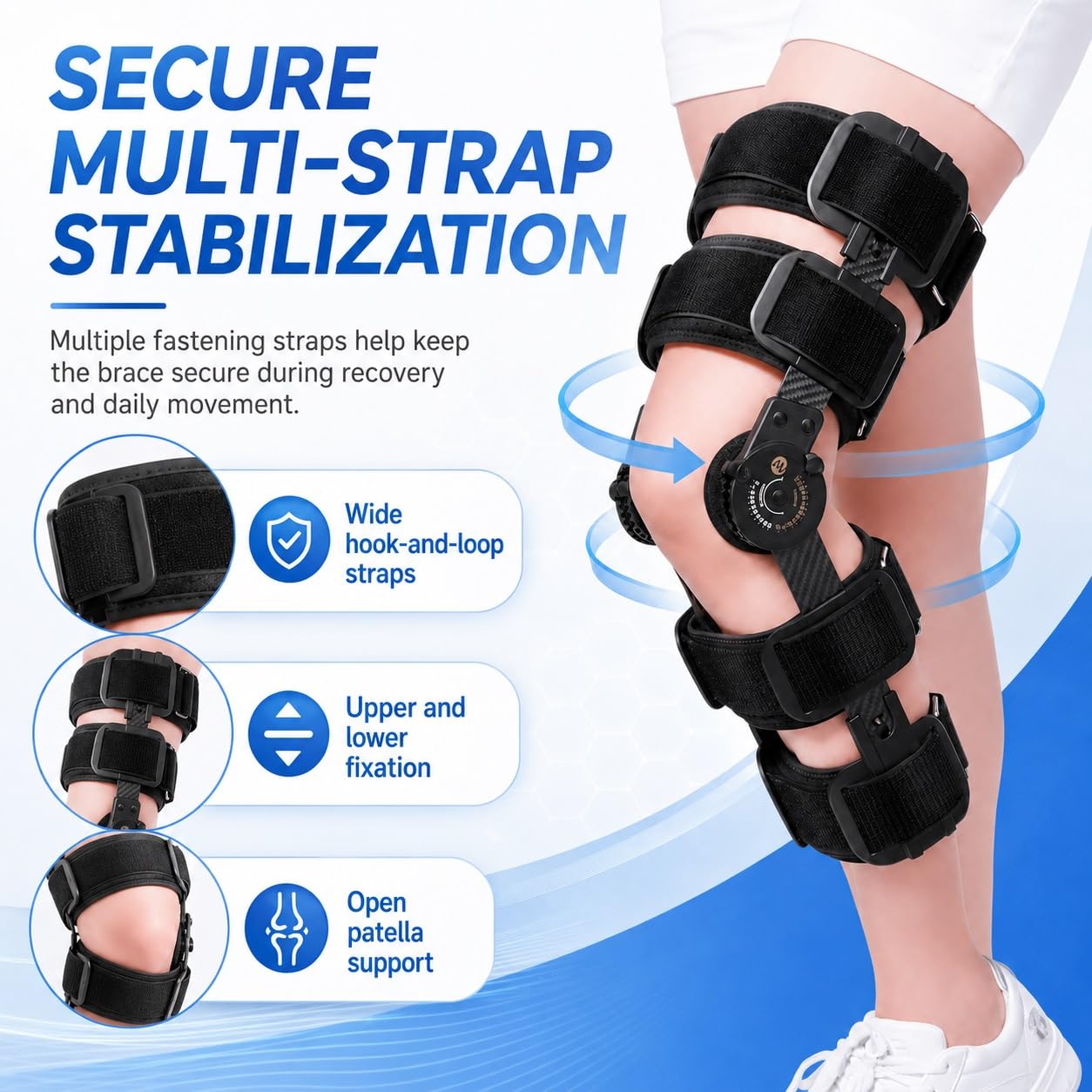 Rodillera articulada con rango de movimiento ajustable, soporte postoperatorio para la rodilla, estabilizador ortopédico, inmovilizador para la recuperación de la pierna izquierda y derecha tras