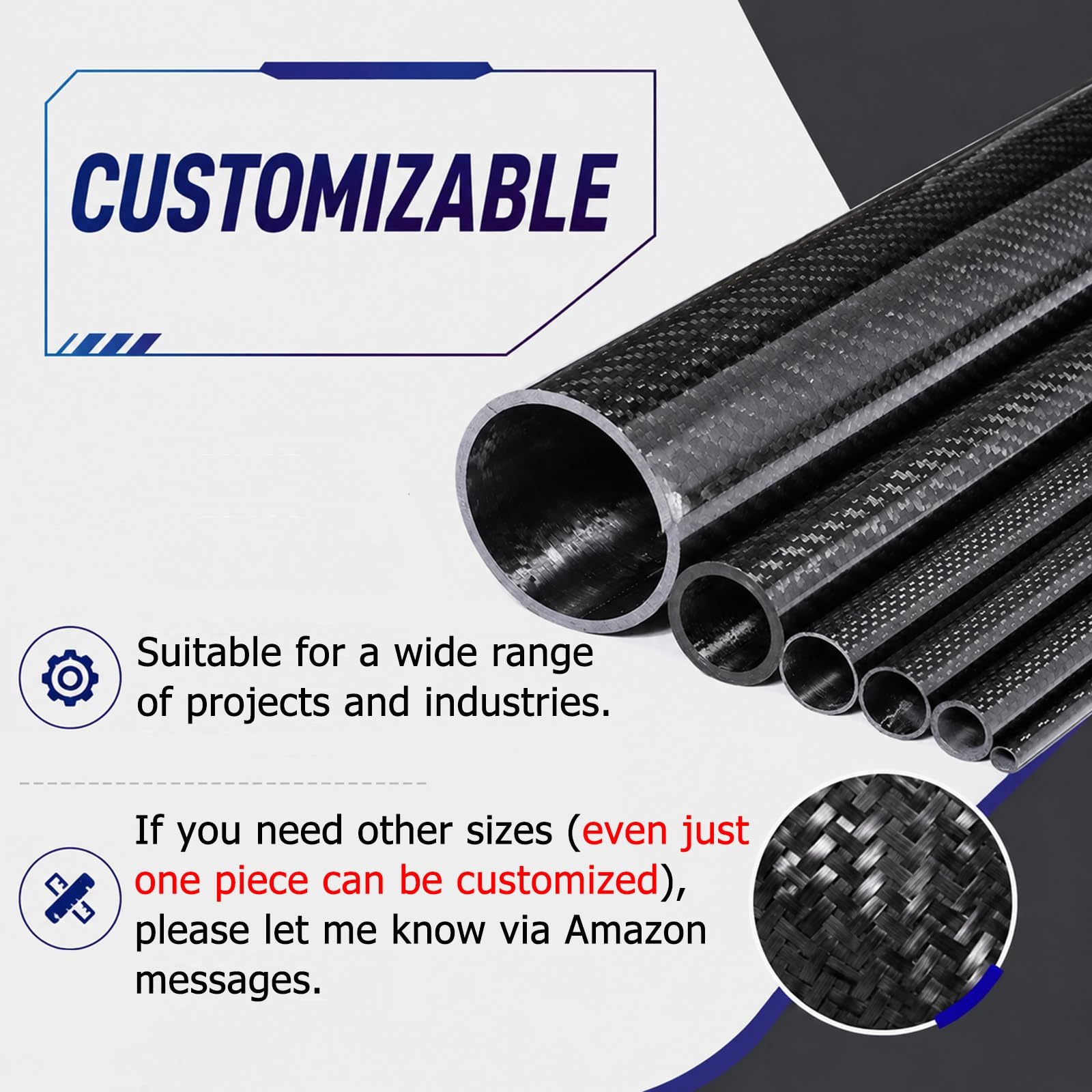 Tubo de Fibra de Carbono Tubos de Carbono de Grado Profesional, Personalizables, para robótica, impresoras 3D, aeromodelismo (RC) y estructuras de Cometas(42x37x1000MM)