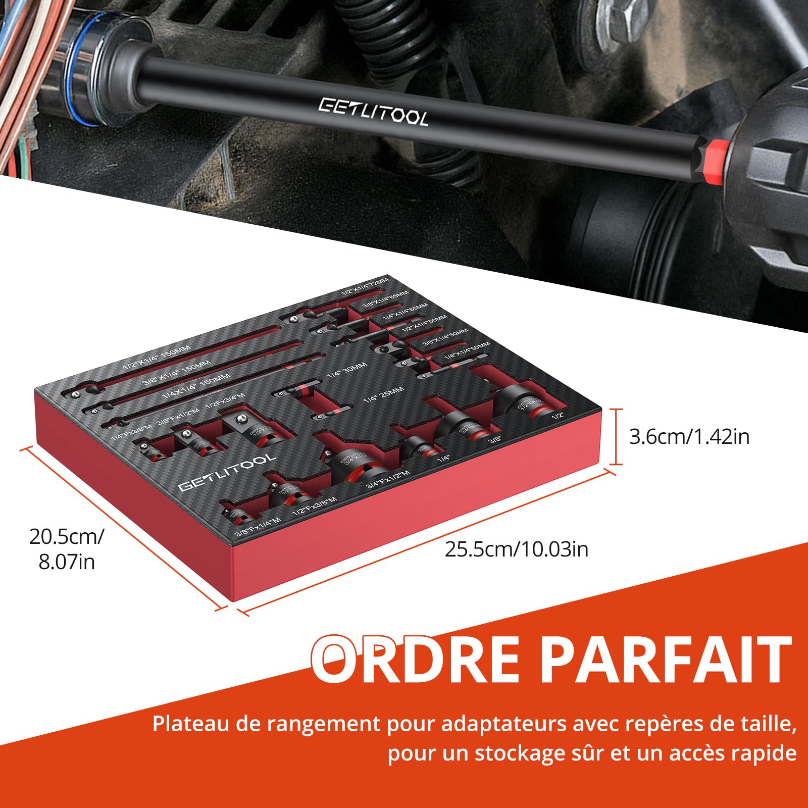 GETLITOOL Lot de 20 adaptateurs de douille, 11 adaptateurs de clé à douille, 6 adaptateurs de visseuse à percussion, 3 joints de cardan, adaptateur professionnel pour outils de percussion Cr-V & Cr-Mo