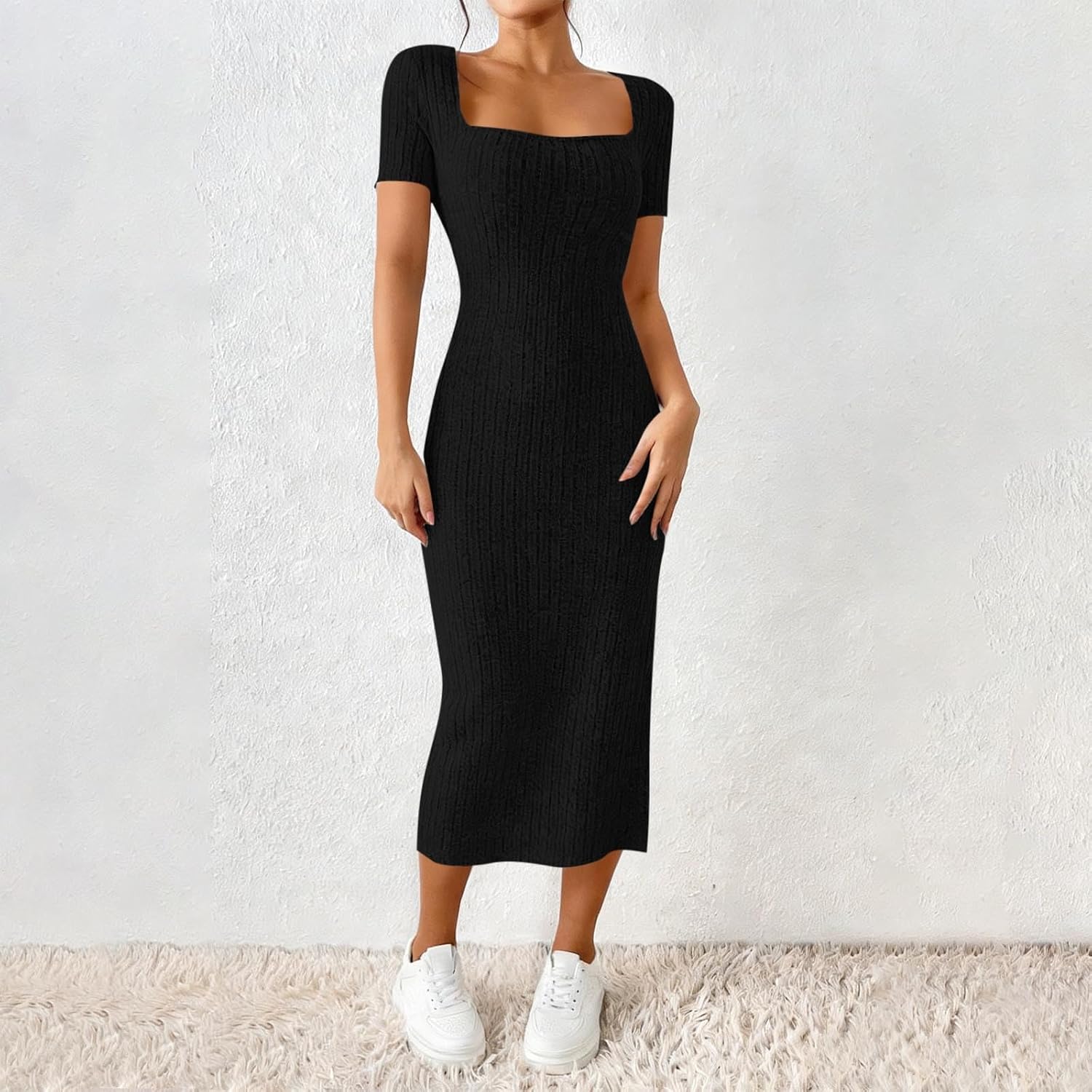 Spring Summer Bodycon Dresses for Women Casual Ribbed Knit Short Sleeve Square Neck Cocktail Party Tshirt Midi Dress