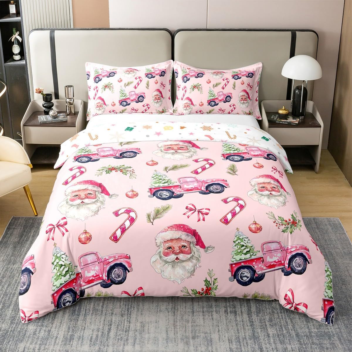 Erosebridal Christmas Pink 100% Organic Cotton Queen Duvet Cover, Cartoon Nutcracker Comforter Cover, Red Candy Cane Bedspread Cover,Reversible Xmas Theme Cute Snow Flake Quilt Cover for Women Girls
